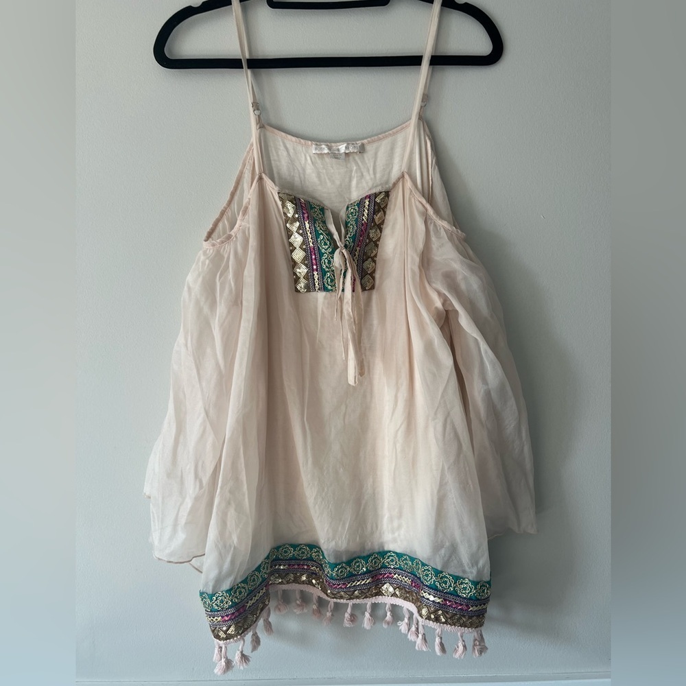 Boston Proper Boho Embroidered Sequin Cutout Tassel Cami Top Size M